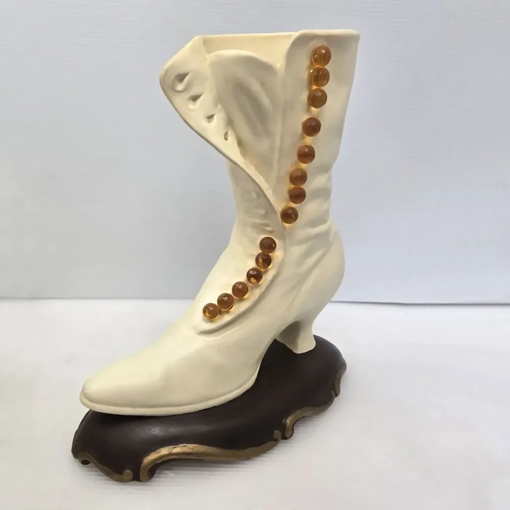 Atlantic Mold White Ceramic Victorian High Top Button Boot Vase Lace Up Shoe Vtg